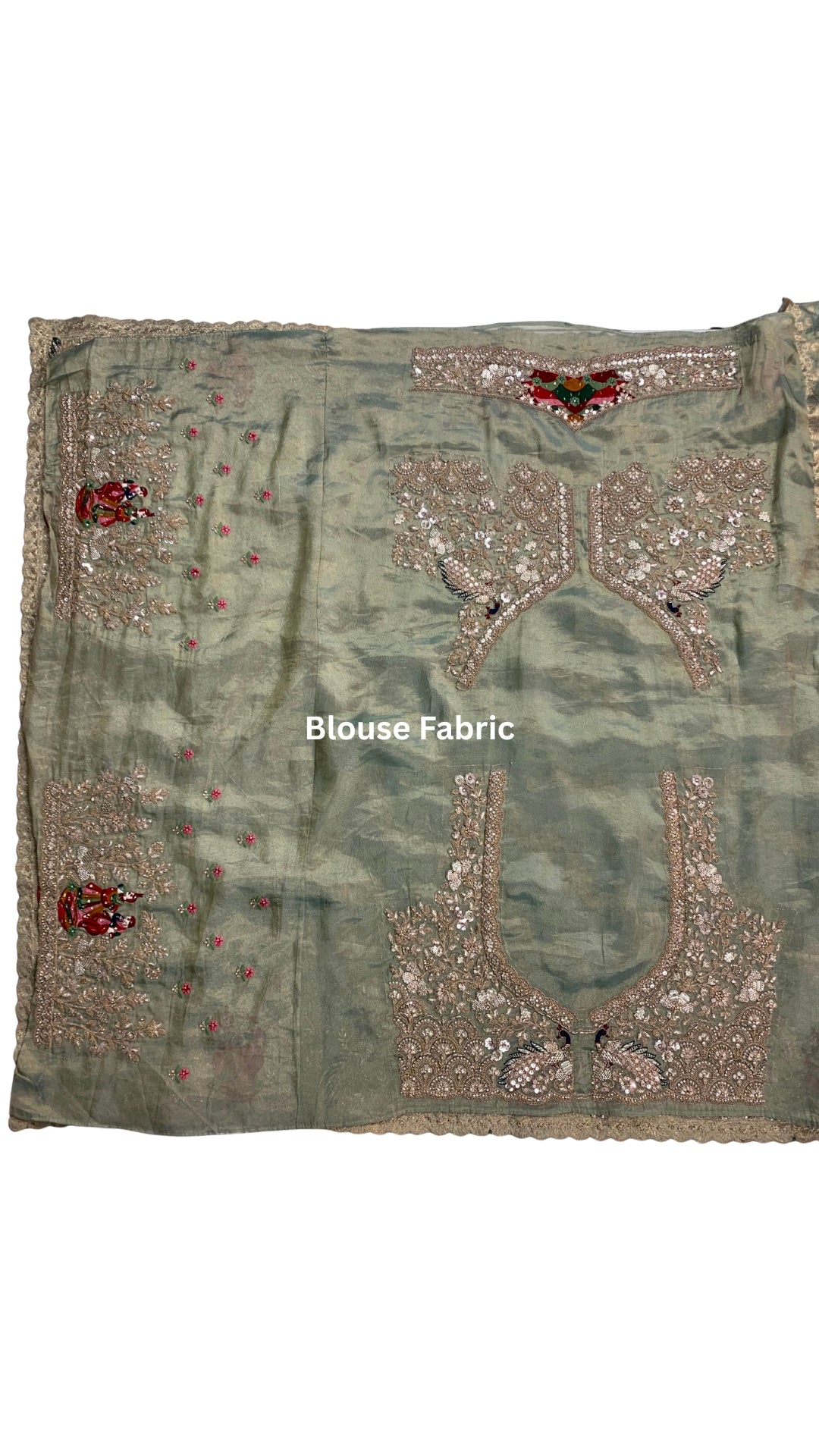 Sage Green Pure Tissue Banarasi Unstitched Saree with Sequins, Zari, Moti & Dori Work